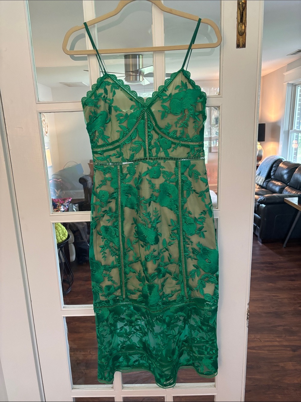 Green Floral Lace Midi Dress - Elegant Spaghetti Strap